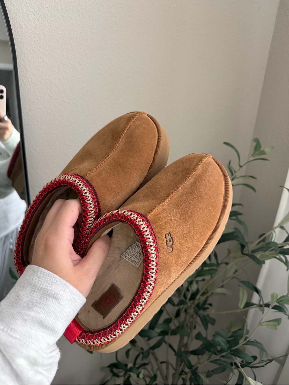 UGG Chestnut Suede Slip-On Loafers with Red Trim